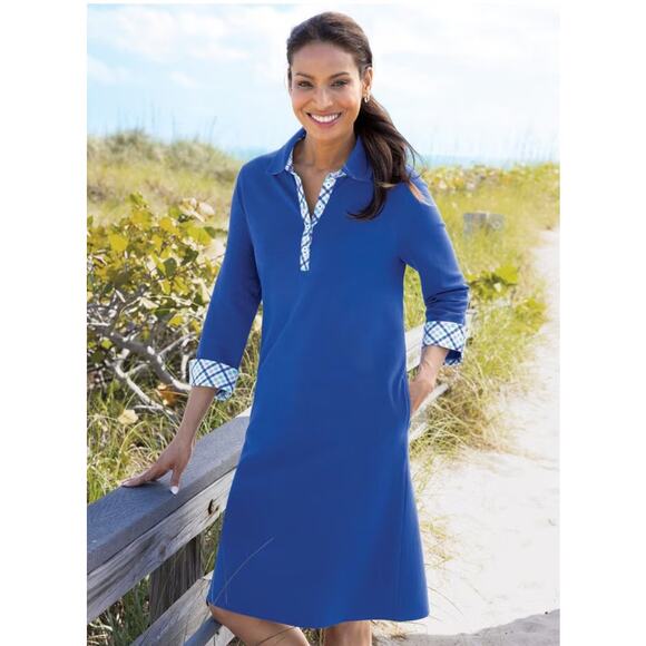 Appleseed's Blue Cotton 3/4 Sleeve Collared 1/4 Button Knee Length Dress Size S - Picture 1 of 7